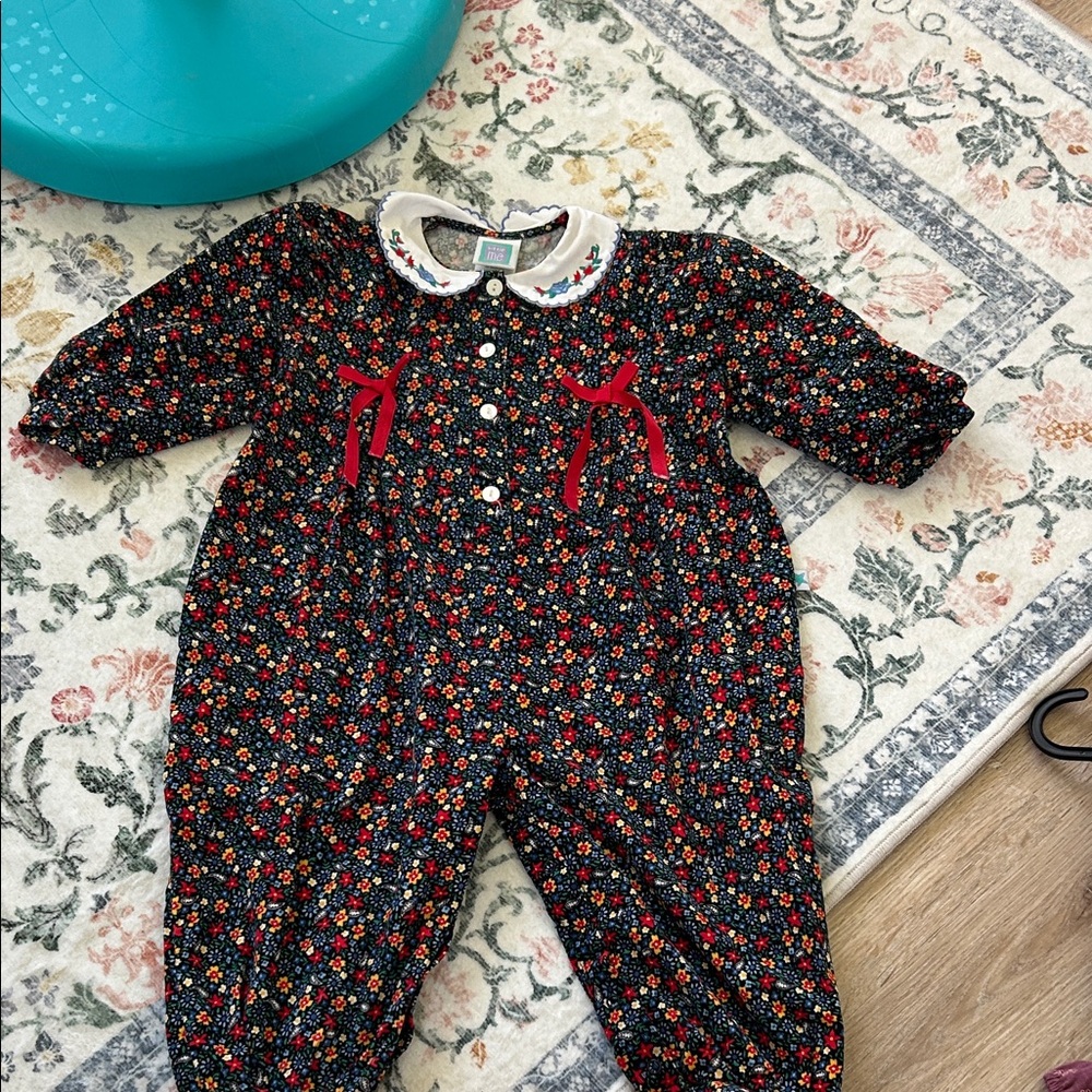 Classic Floral Baby One-Piece with Red Bow Accents